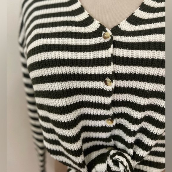 White and Green Wafle Knit Striped Tie Front Sweater Top - Picture 8 of 9